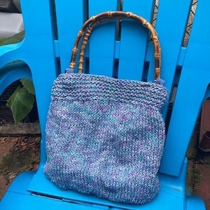 Vintage blue knit crochet bamboo shoulder bag